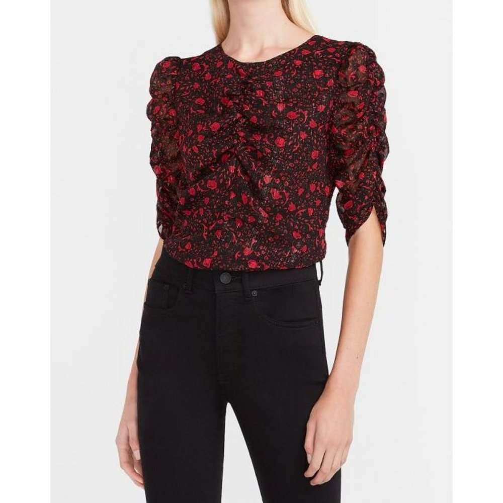 Express Floral Metallic Ruched Sleeve Top S